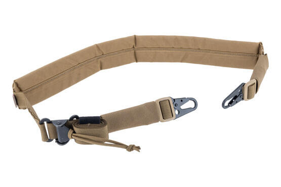 LBX Tactical 2 Point Sling in coyote brown features a padded strap, MP5 hooks, spring loaded adjustment tabs, and is constructed from 330D Cordura.